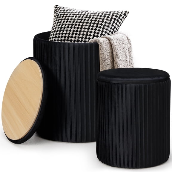 Storage Ottoman Set of 2, Round Velvet Upholstered Foot Stool with Lift‑Top Hidden Storage, Accent Stool for Living Room Bedroom, Black