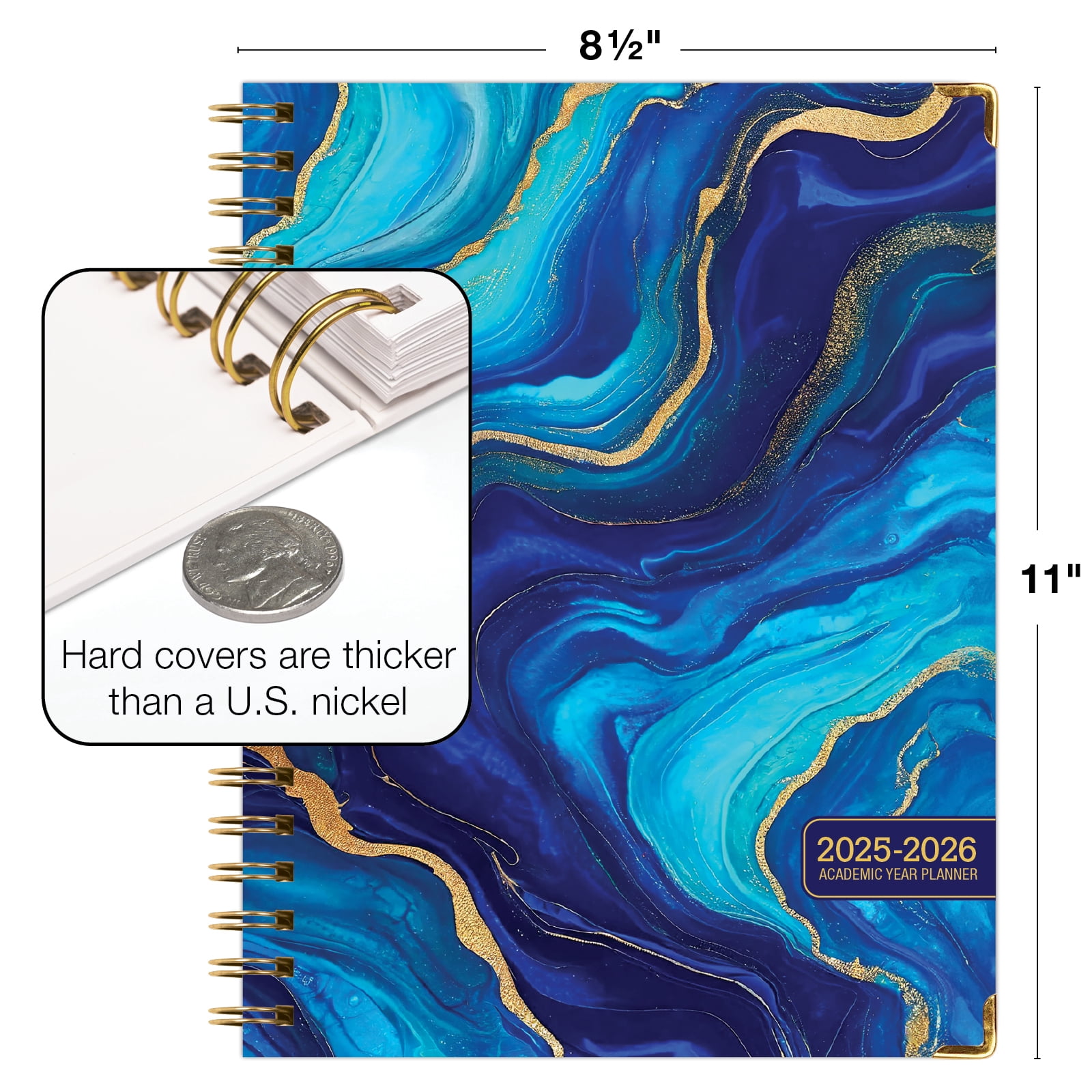 Academic Year 2025-2026 Planner, June 2025 - July 2026, 8.5"x11" Daily Weekly Monthly Planner Yearly Agenda, Hardcover, Bookmark, Pocket Folder and Sticky Note Set (Dark Blue Marble)