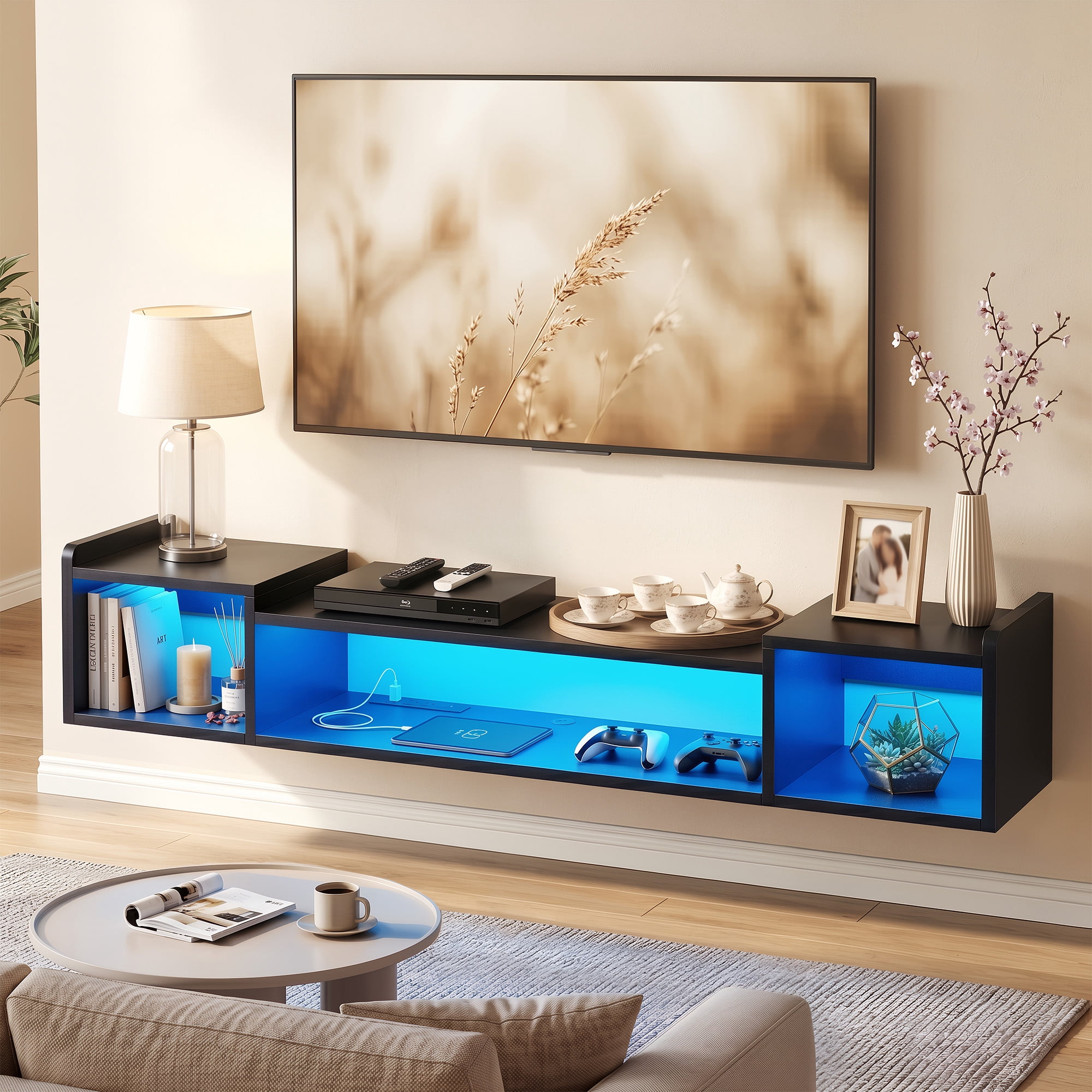 EnHomee 70.9" Wall-Mounted Floating TV Stand with LED Lights & Power Outlets, Entertainment Center for 60/65/70/75 Inch TVs,Black Wood Media Console with Storage for Living Room, Bedroom
