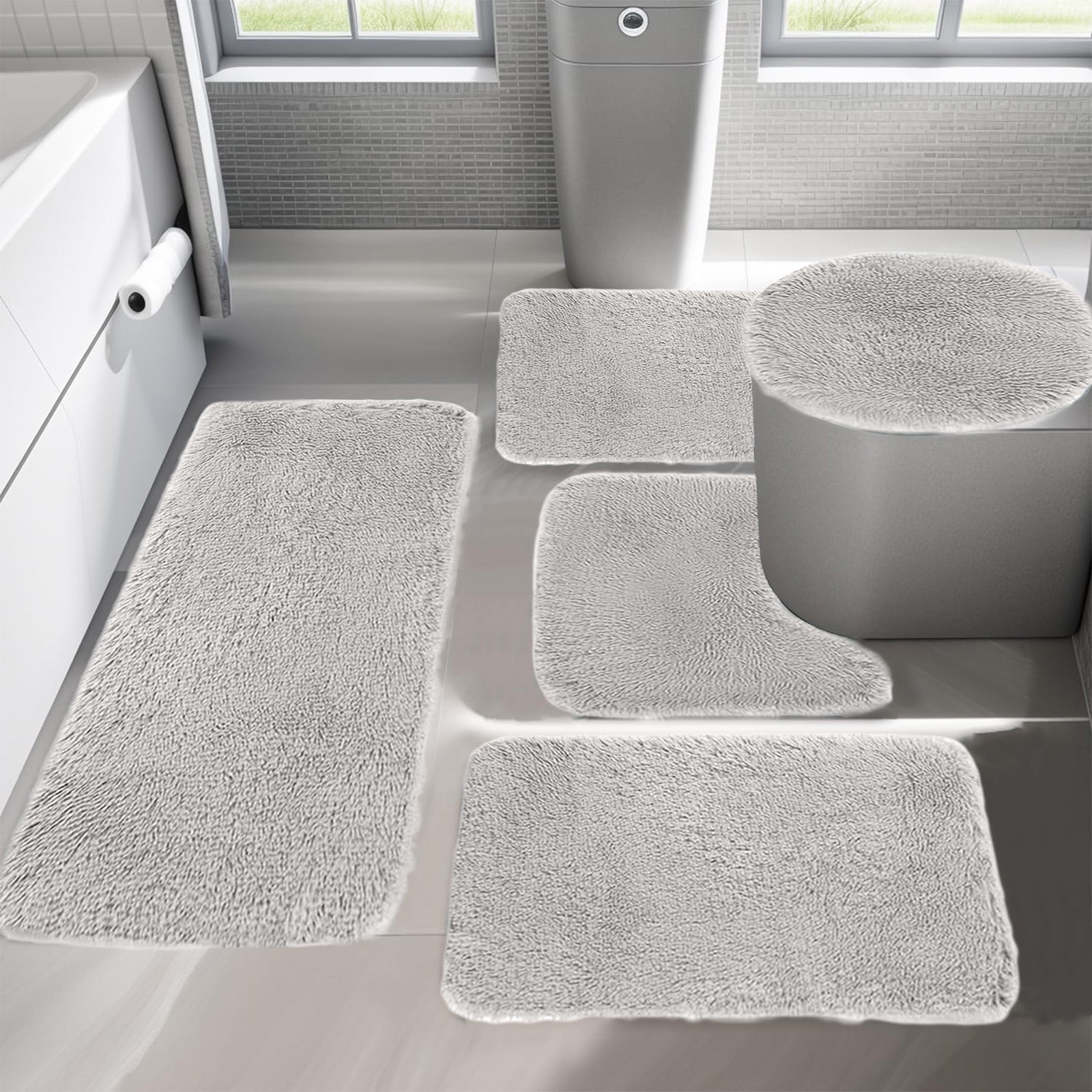 CSSAD Soft 5-Piece Solid Color Bath Rugs, Brown Bathroom Rug Set 5 Pieces Ultra Soft, Non Slip Chenille Toilet Mat,Absorbent Plush Shaggy Bath Mats for Bathroom,Bedroom,Kitchen,Gray