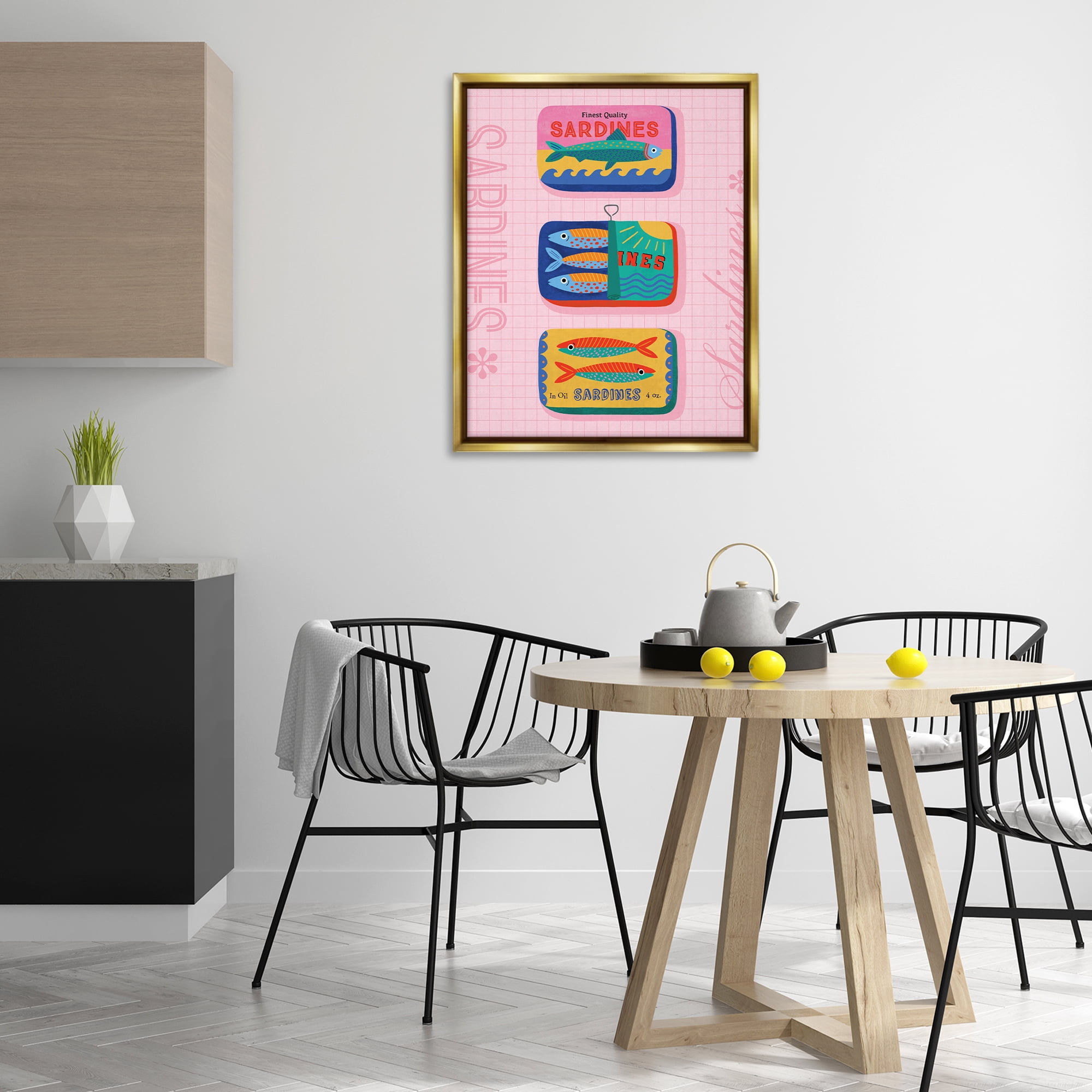 Stupell Industries Bright Sardine Can Designs Food & Beverage Painting Gold Floater Framed Canvas Art Print Wall Art, 25 x 31