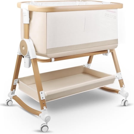 4 in 1 Baby Bassinet Bedside Sleeper W/ Wheels Storage Basket Adjustable 7 Heights Mosquito Net Breathable Mesh Cradle for Infants Toddler Beige