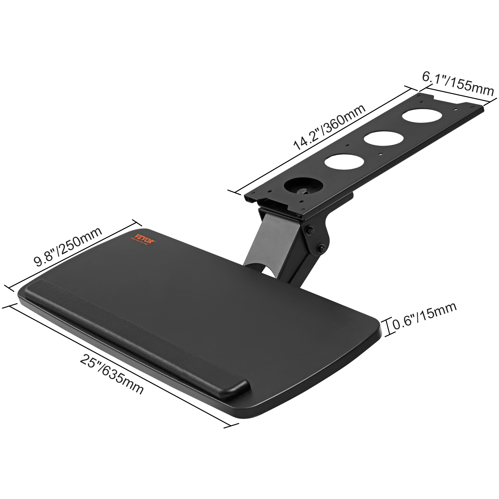 VEVOR Keyboard Tray under Desk Adjustable Height, Height and Angle Adjustable under Desk Keyboard Tray Slide out, Large 25x9.8 inch Keyboard Holder under Desk for Typing in Home, Office Work