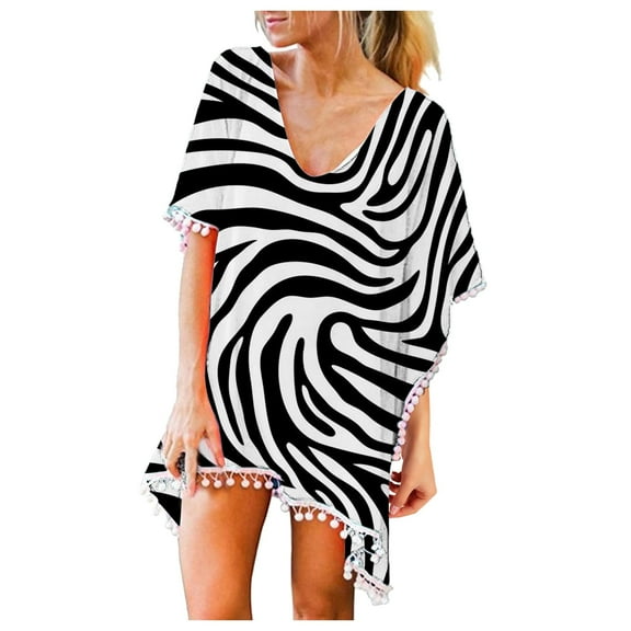 DOPI Women's Trim Kaftan Chiffon Tassels Swimwear Beach Loose Bikini Cover Up Tops