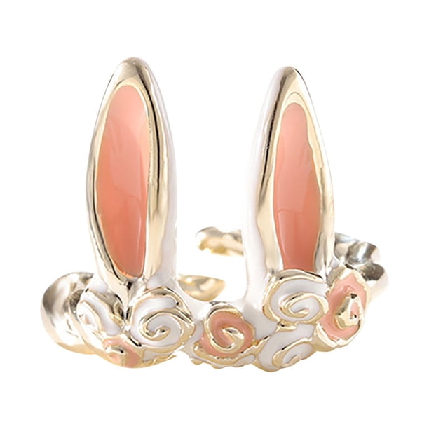 Anillos de oreja de conejo con pintura de rosa, anillos abiertos, joyas para mujer