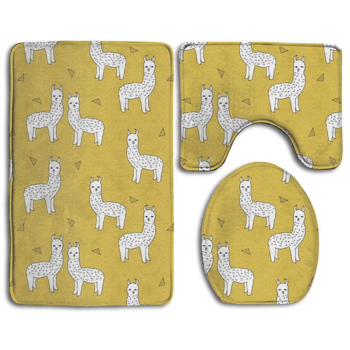 GOHAO Llama Alpaca Mustard Yellow 3 Piece Bathroom Rugs Set Bath Rug Contour Mat and Toilet Lid