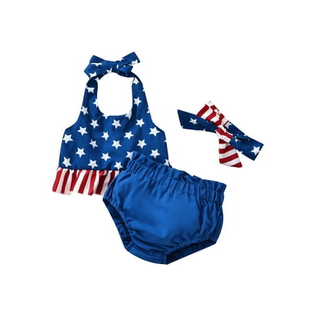 

GXFC Ifant Girls 3 PCS Romper Independence Day Kids Striped/Pentagram Print Ruffle Hem Halter Tops + High Waist Shorts + Hairband 0-18M