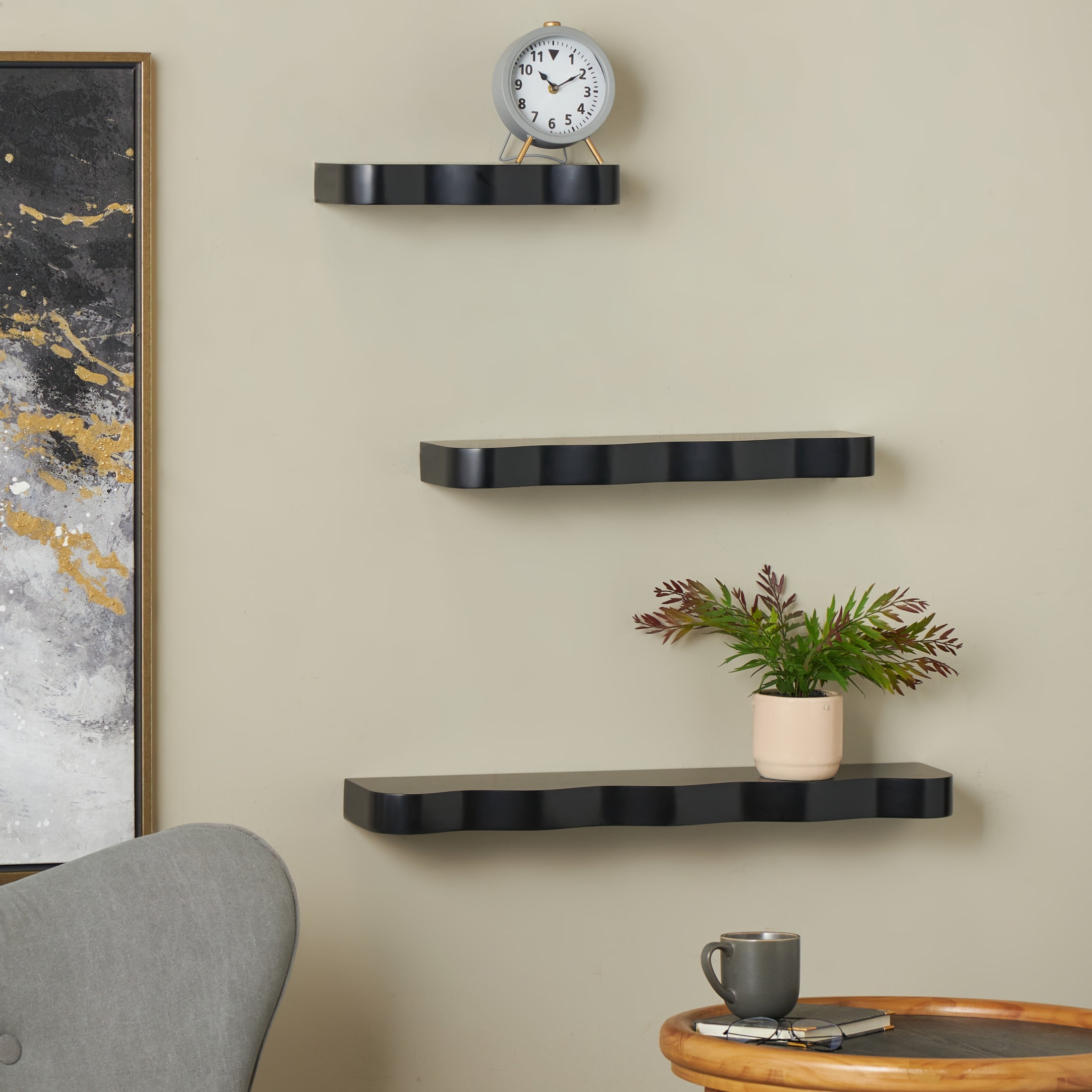 DecMode 30", 22", 14"W Handmade 3-Tier Black Wall Shelf with Various Sizes (3 Count)