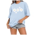 thumbnail image 3 of T Shirts for Women Short Sleeve Crewneck Floral Print Graphic Tee Summer Simple Drop Shoulder Breathable Casual Tops Light Blue M, 3 of 5