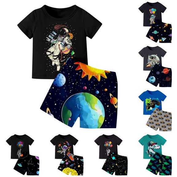 WhouRiu Boys Girls Summer Casual Outfits Kids Unisex Cute Short Sleeve Graphic Tees And Shorts Sets