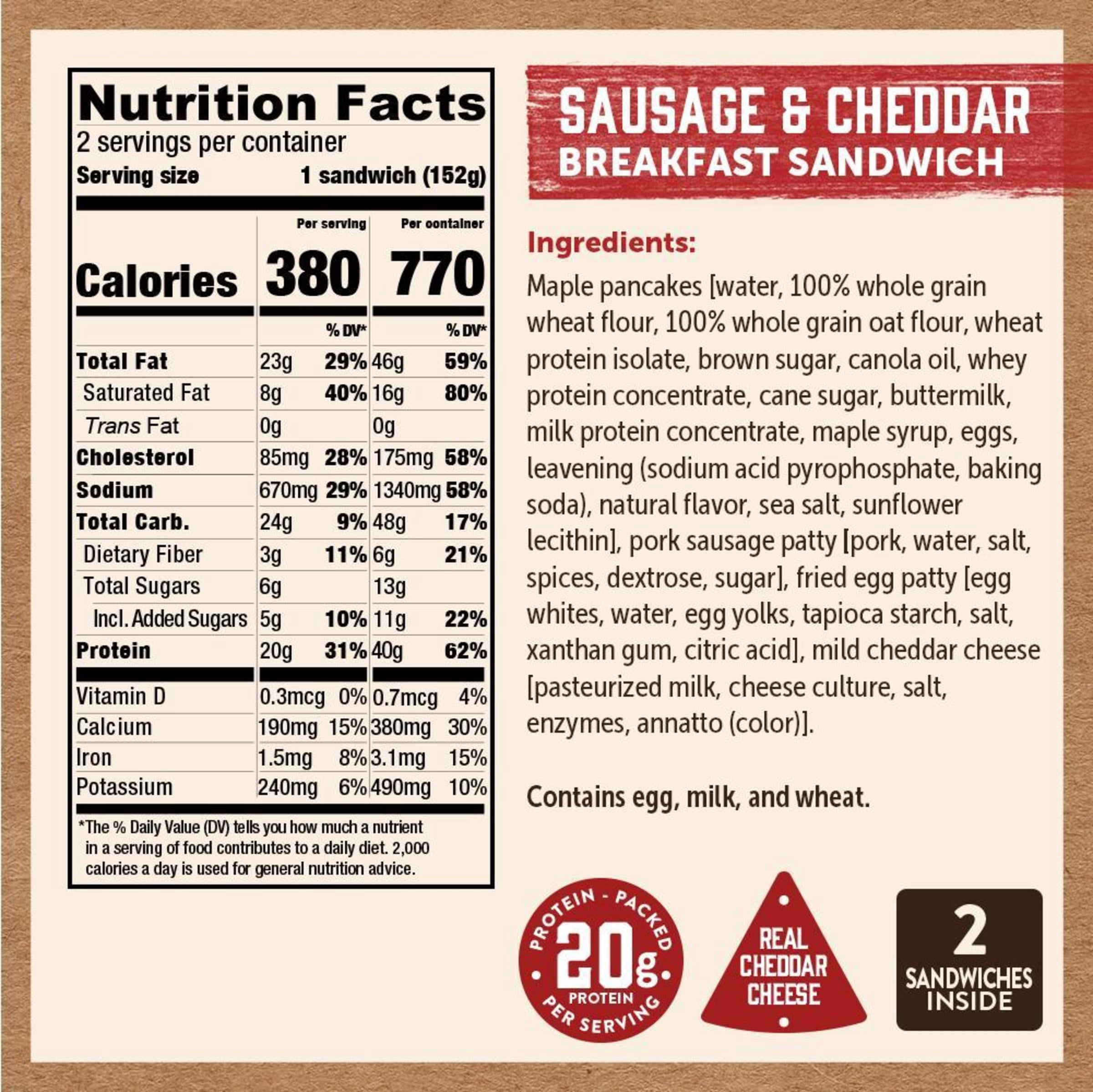 Kodiak Protein-Packed Frozen Breakfast Sandwiches, Sausage and Cheddar, 2 Count