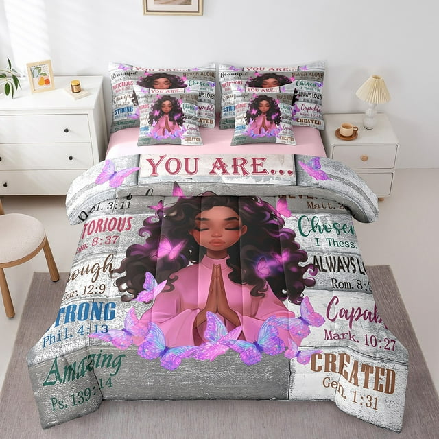 Ensemble de Literie Noir pour Fille, Format Simple pour Filles et Femmes, Ensemble de Lit Fille Afro-Américaine, Rose Réversible