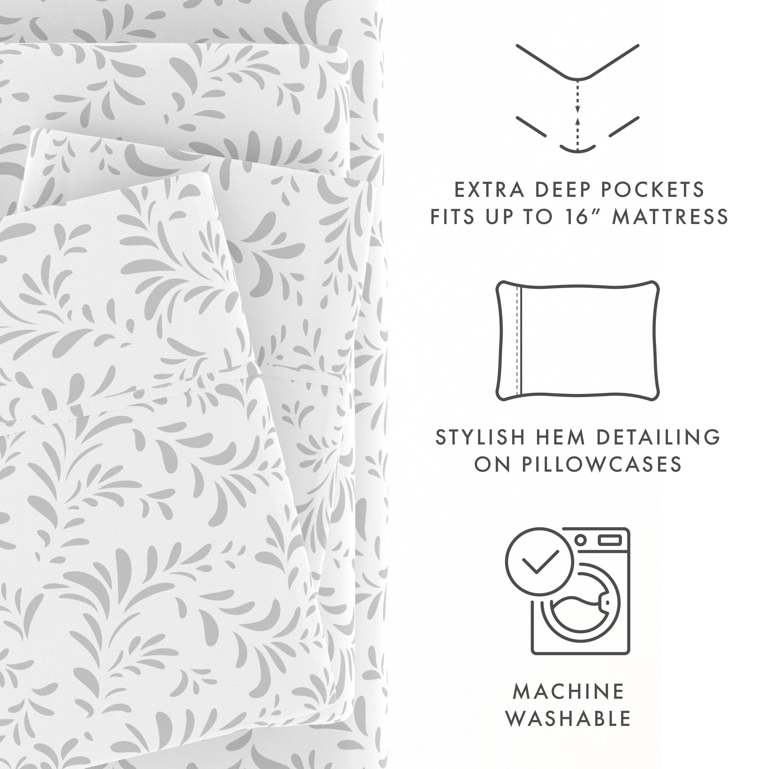 Noble Linens 4 Piece Pattern Microfiber Bed Sheets Set, Light Gray Ultra Burst of Vines, King