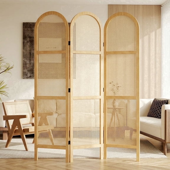 Breltam 3 Panel Room Divider Modern Folding Wood Privacy Screen Arched Hand-Woven Rattan Divider Screen No Assembly Required,Natural Wood