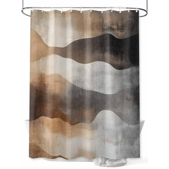 Ombre Gray Brown White Painting Shower Curtain, Abstract Wave Stripes Waterproof Shower Curtain Set with 12 Hooks Lightweight Washable Fabric Shower Curtains for Bathroom 72x78 Inches