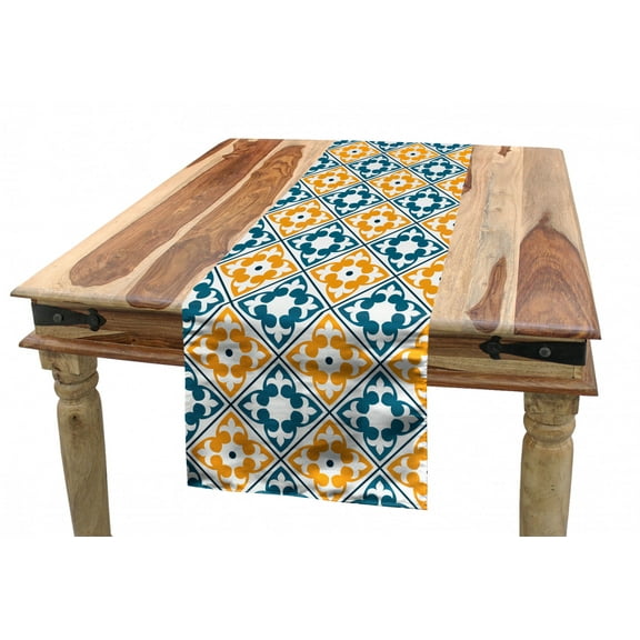 Moroccan Table Runner, Spanish Portuguese Azulejo Inspired Abstract Natural Pattern with Leaves, Dining Room Kitchen Rectangular Runner, 3 Sizes, by Ambesonne