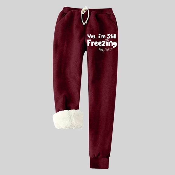 Qetyuw Fleece Lined Sweatpant for Women Soft Trendy Letter Print Joggers Ladies Drawstring Waist Sweat Pants with Pockets Cinch Bottoms Pants Winter