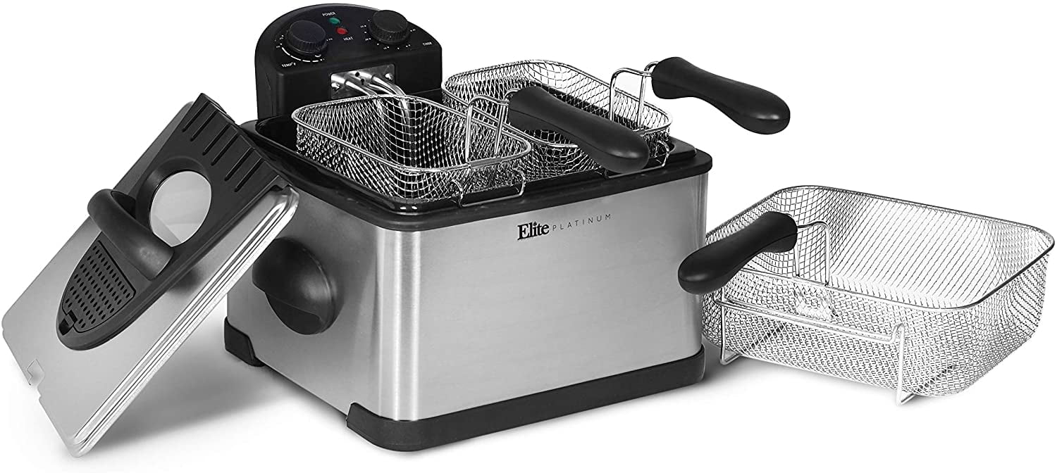 Renewed Elite Platinum EDF-401T Maxi-Matic 1700-Watt Stainless-Steel Triple Basket Electric Deep Fryer with Timer and Temperature Knobs and Odor Free Filter 4.2L/17-Cup