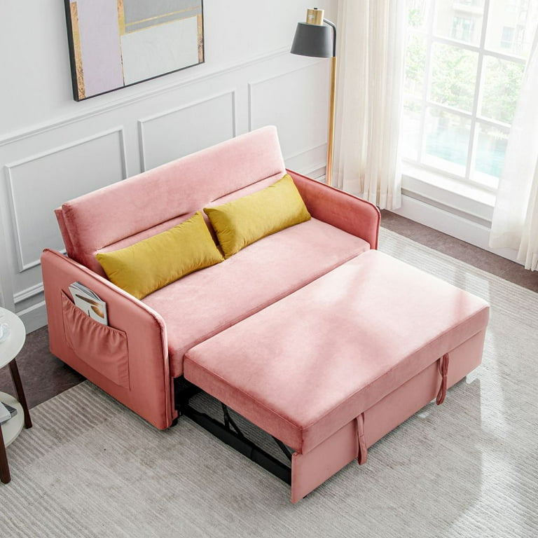 Z-joyee 66 in. Pink Velvet Twin Size Variable Sofa Bed, Baby Pink