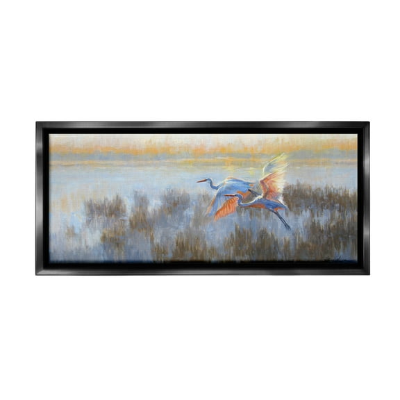 Stupell Industries Crane Birds over Lake Animals & Insects Painting Black Floater Framed Canvas Art Print Wall Art, 25 x 11