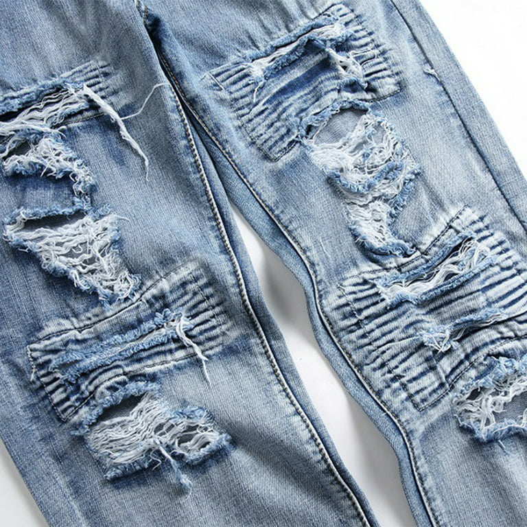 Men's Destroyed Skinny Jeans Stretch Slim Fit Ripped Patched Washed Denim  Jeans Vintage Distressed Straight Jean Pants