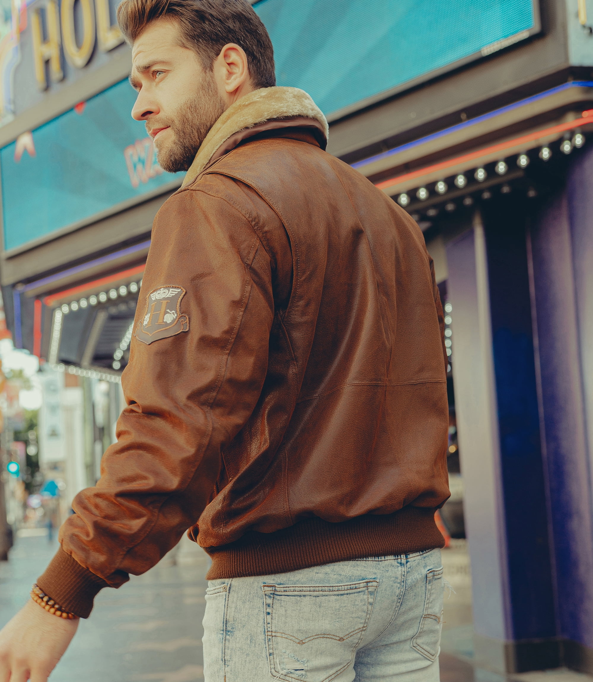 FLAVOR Men's Real Leather Bomber Jacket with Removable Collar Aviator (XL, Brown)