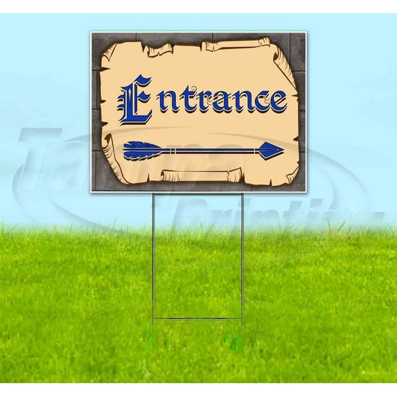 Medieval Fair Entrance Right Arrow Blue Scroll (18" X 24") Yard Sign, Includes Metal Step Stake