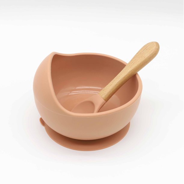 Cuenco para bebé, cuchara, vajilla para niños, mango de madera, cuchara de silicona, cuenco con ventosa para niños, cuenco de silicona para bebé