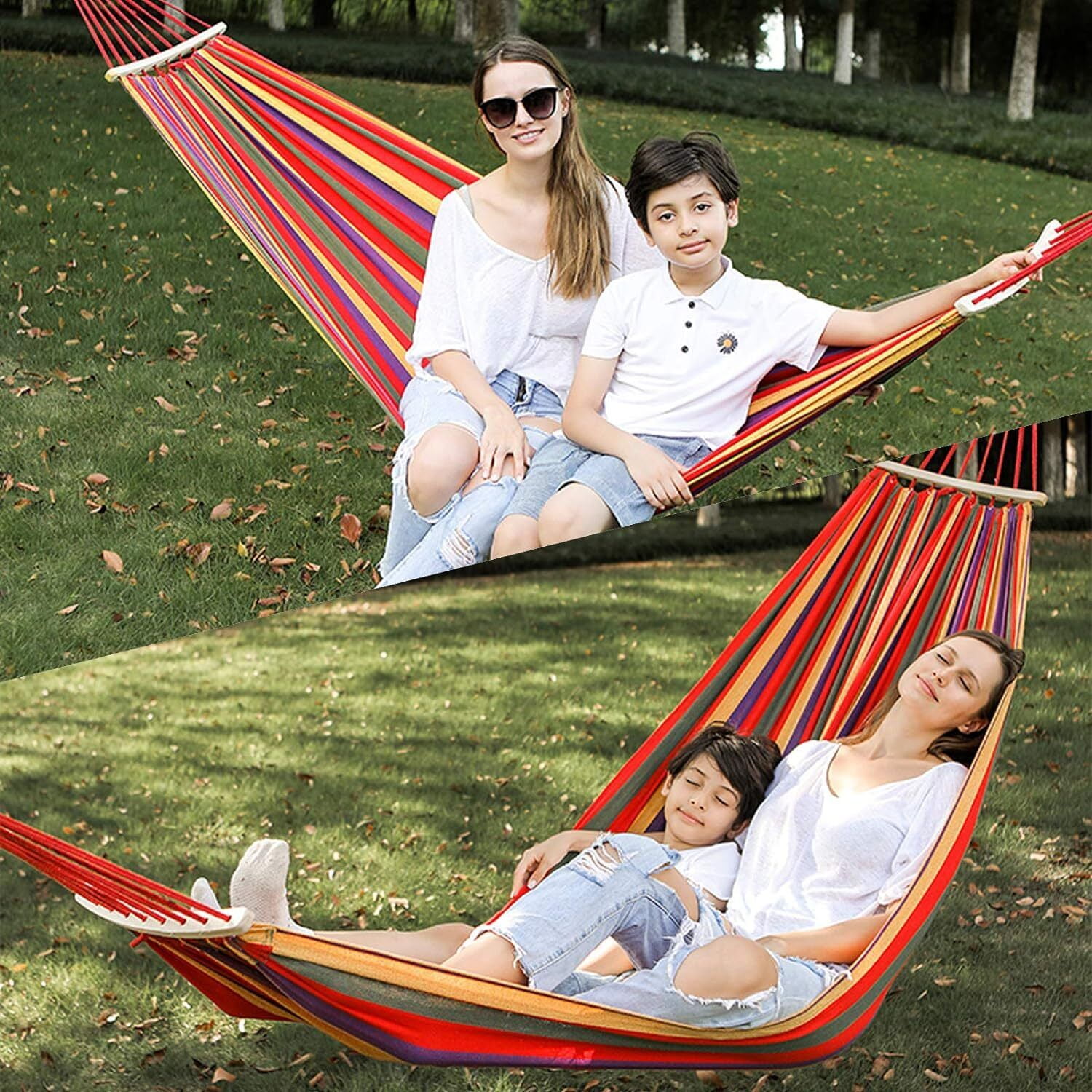 Garden Cotton Hammock Comfortable Fabric Hammock with Spreader Bar Sturdy Hammock Up to 450lbs Portable Lightweight Hammock with Travel Bag for Camping Outdoor/Indoor Patio Backyard