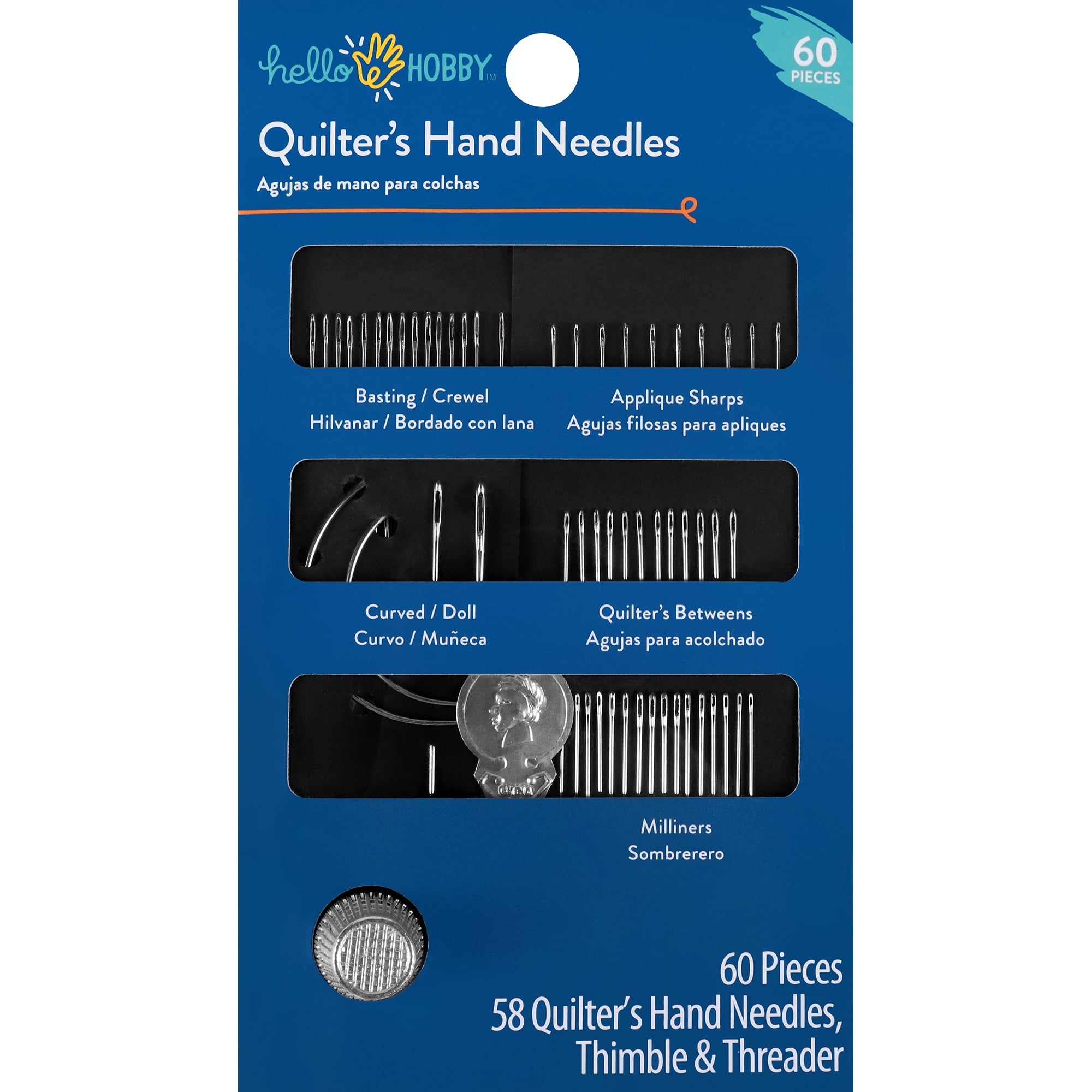 Hello Hobby Assorted Quilting Hand Sewing Needles, Assorted Sizes, 60 Pieces, Includes Needle Threader And Metal Thimble