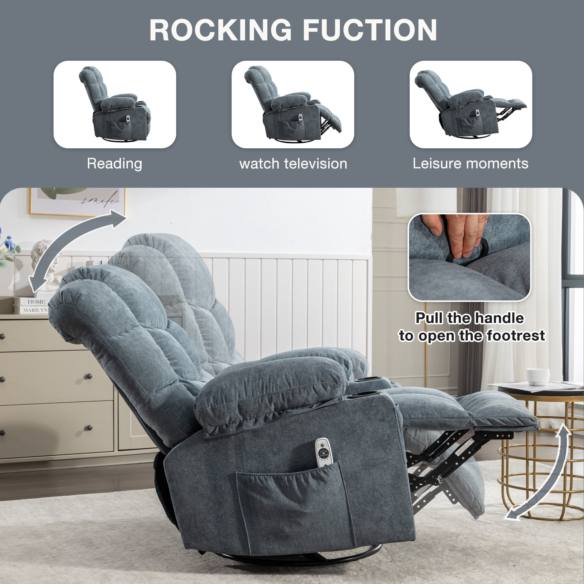 HSUNNS Swivel Recliner Chair for Adults, Living Room Fabric Recliner Chair with Massage and Heat, Single Sofa with USB Port, Cup Holder, Side and Front Pocket, Blue