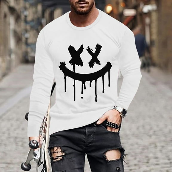 Haoxianjian Long Sleeve Shirts For Men Shirts For Teens Fashionable Men'S Printed Top With Long Sleeved Round Neck And Smiling Face Printed Top/Shirtx Pullover Sweatshirt For Men