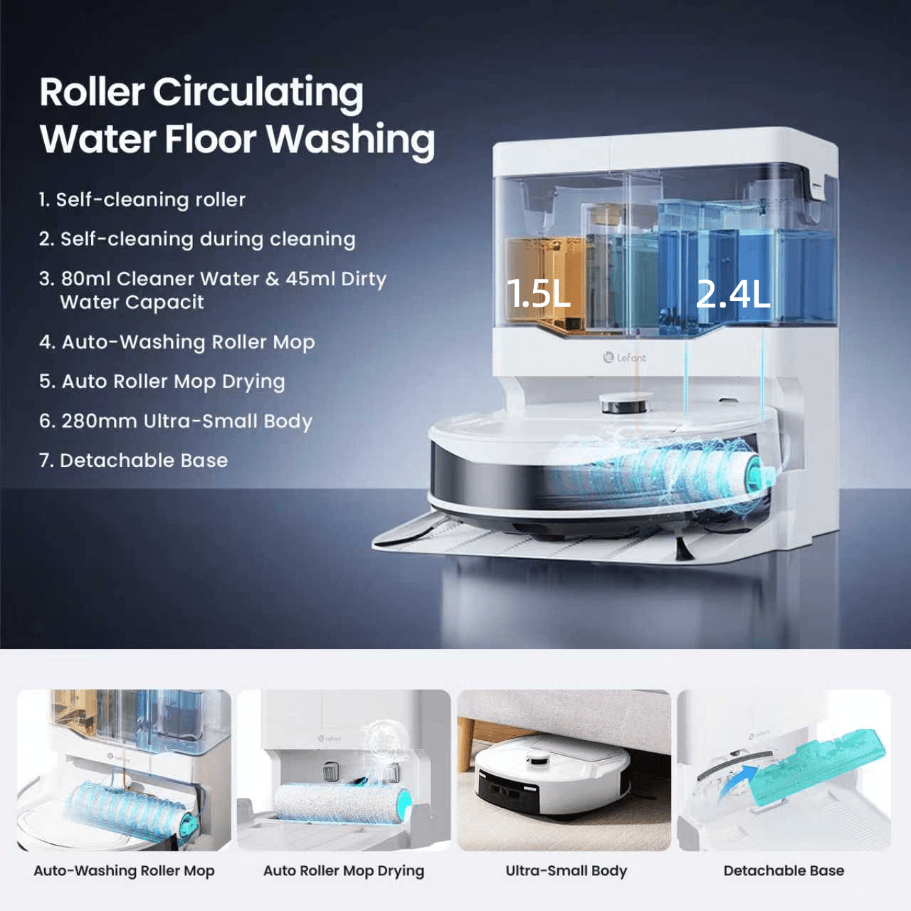 Lefant M265 Robot Vacuum and Mop Combo, 15000Pa Suction, Self-Cleaning Roller Mop with Auto Drying, LiDAR Navigation, Tangle-Free for Pet Hair