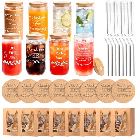 40 Pcs/8 Sets Employee Appreciation Gifts Glass Cups with Coasters, Straws, Gift Bags – Thank You Gifts for Coworkers, Teachers, Nurses, Staff, for Office, School, Team Building, Birthday & Holiday