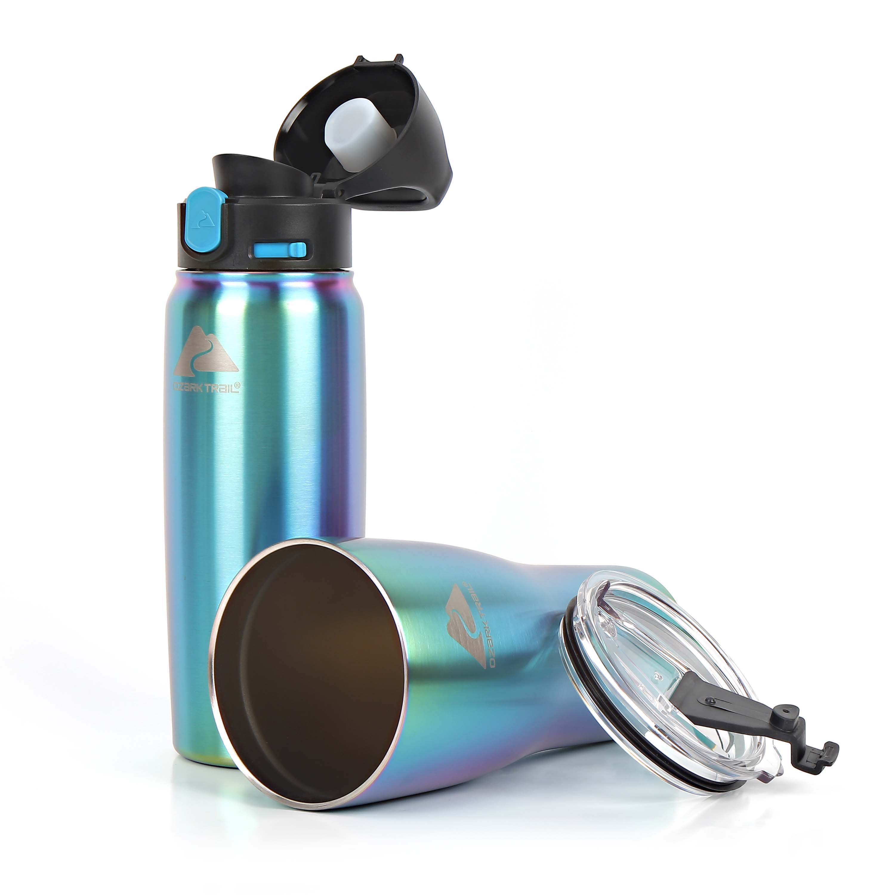 Ozark Trail 2 Pack Stainless Steel 32 oz Vacuum Tumbler and 24 oz Travel Bottle Combo, Iridescent Turquoise