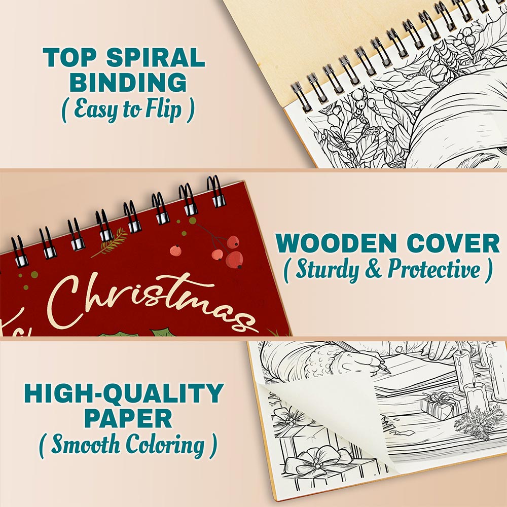 Netecom Santa Christmas Coloring Book Spiral Bound For Adults, A5 Wooden Cover, 30 Fesive Coloring Pages of Santa Scenes for Stress Relief and Relaxation