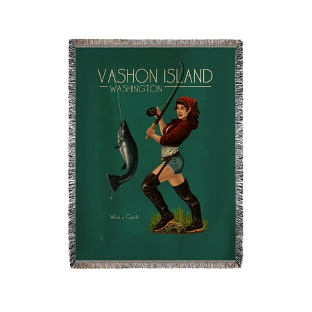 Vashon Island, Washington - Pinup Girl Salmon Fishing - Lantern Press Artwork (60x80 Woven Chenille Yarn