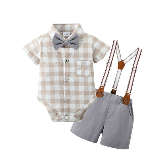 CARETOO Newborn Baby Boy Clothes Outfits Suits Plaid Bodysuit Shirts Suspender Shorts Bowtie 0-18M