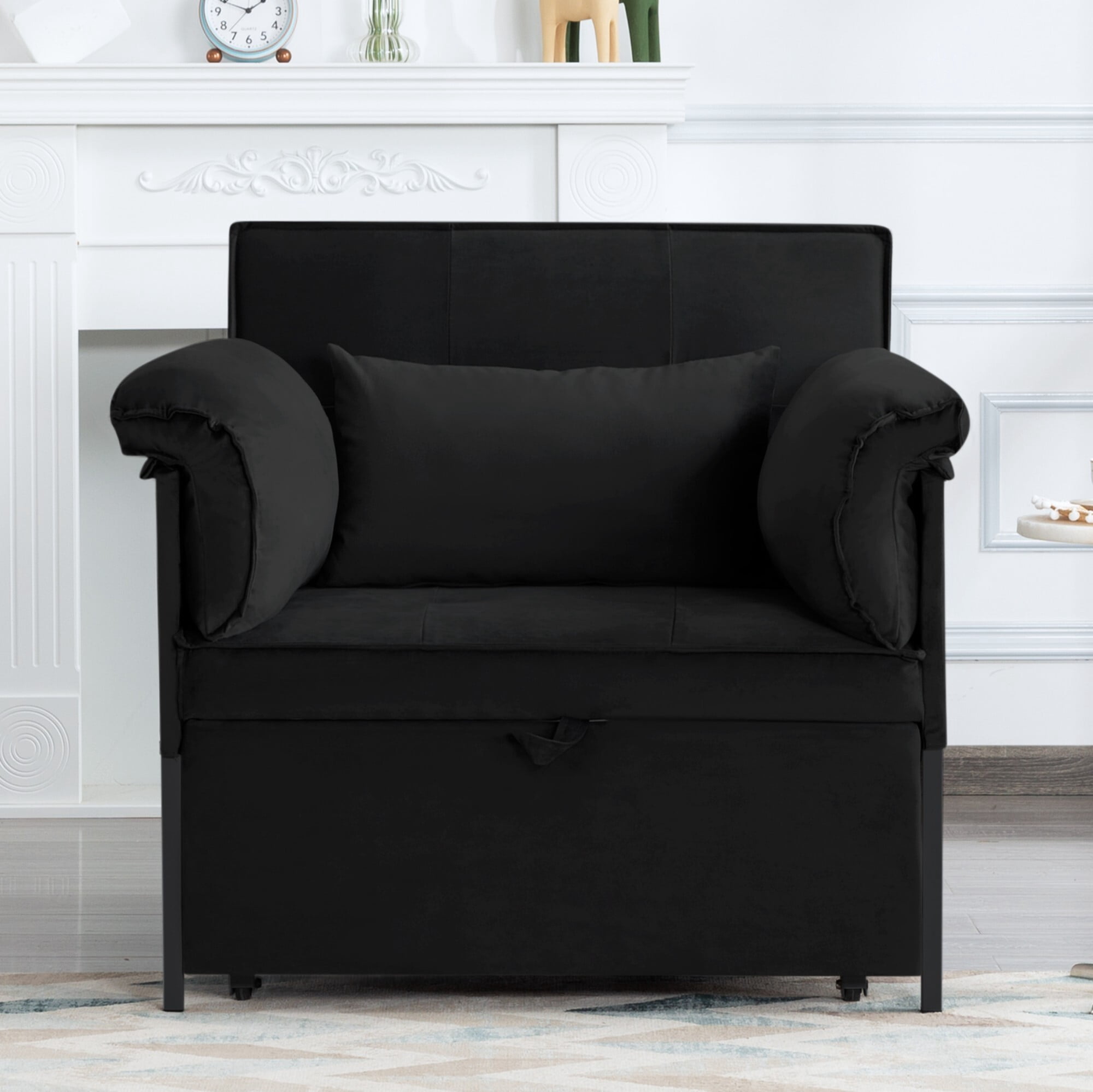 AENKYO 3-in-1 Convertible Sleeper Chair Bed with Adjustable Backrest, Velvet Chaise Lounge Sofa for Small Spaces, Black
