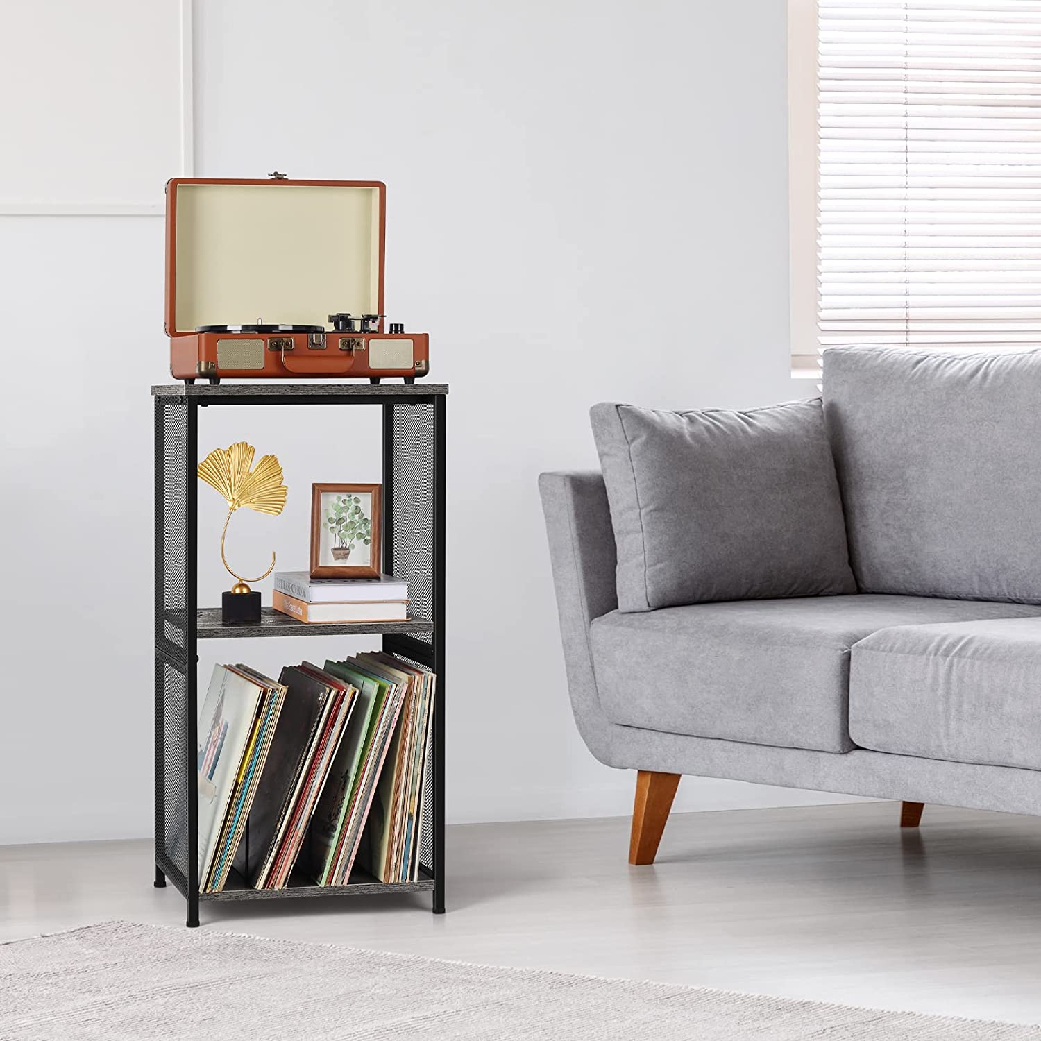Record Player Stand Vinyl Record Storage Holder End Table, Gray
