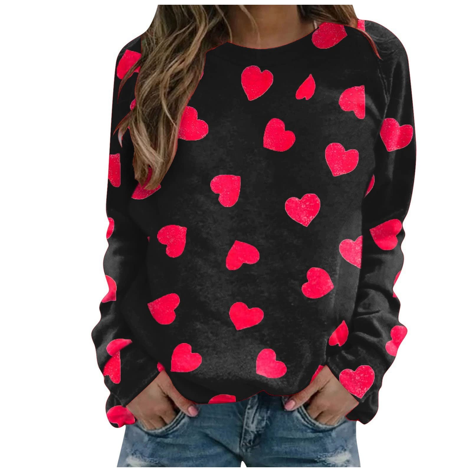 wsevypo Valentines Day Women's Heart Print Pullover Sweaters Round Neck ...