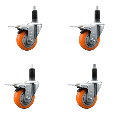 3.5 Inch SS Orange Poly Swivel 1-1/8 Inch Expanding Stem Caster Set Brake