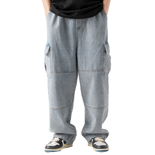 Vaqueros de hombre con doble bolsillo liso - Ropa de trabajo vintage lavable, material duradero, M-XXXL