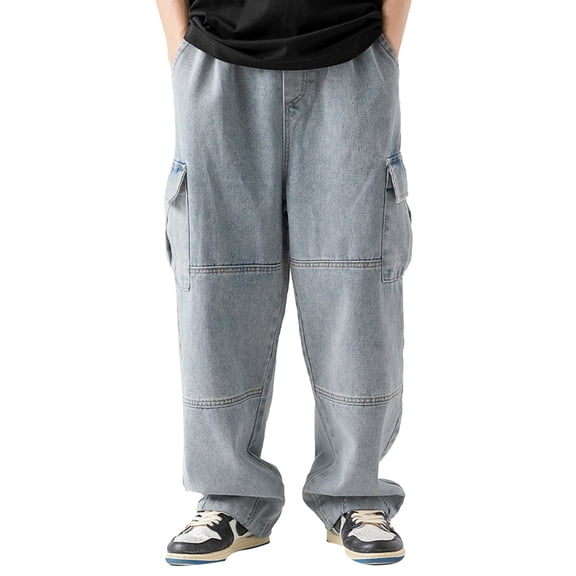 Men's Casual Pants Mens Double Solid Pocket Jeans Spring New Worn Washable Workwear Pants Blue 2XL