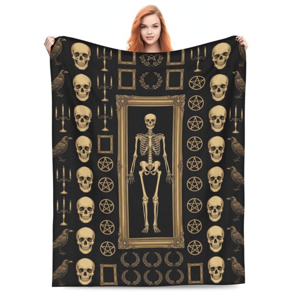 Gothic Skull Blanket, Witchy Skeleton Vintage Design Flannel Throw Blanket, Soft Lightweight Cozy Blanket for Sofa, Couch, Bed, Halloween Home Decor Gift 50x40
