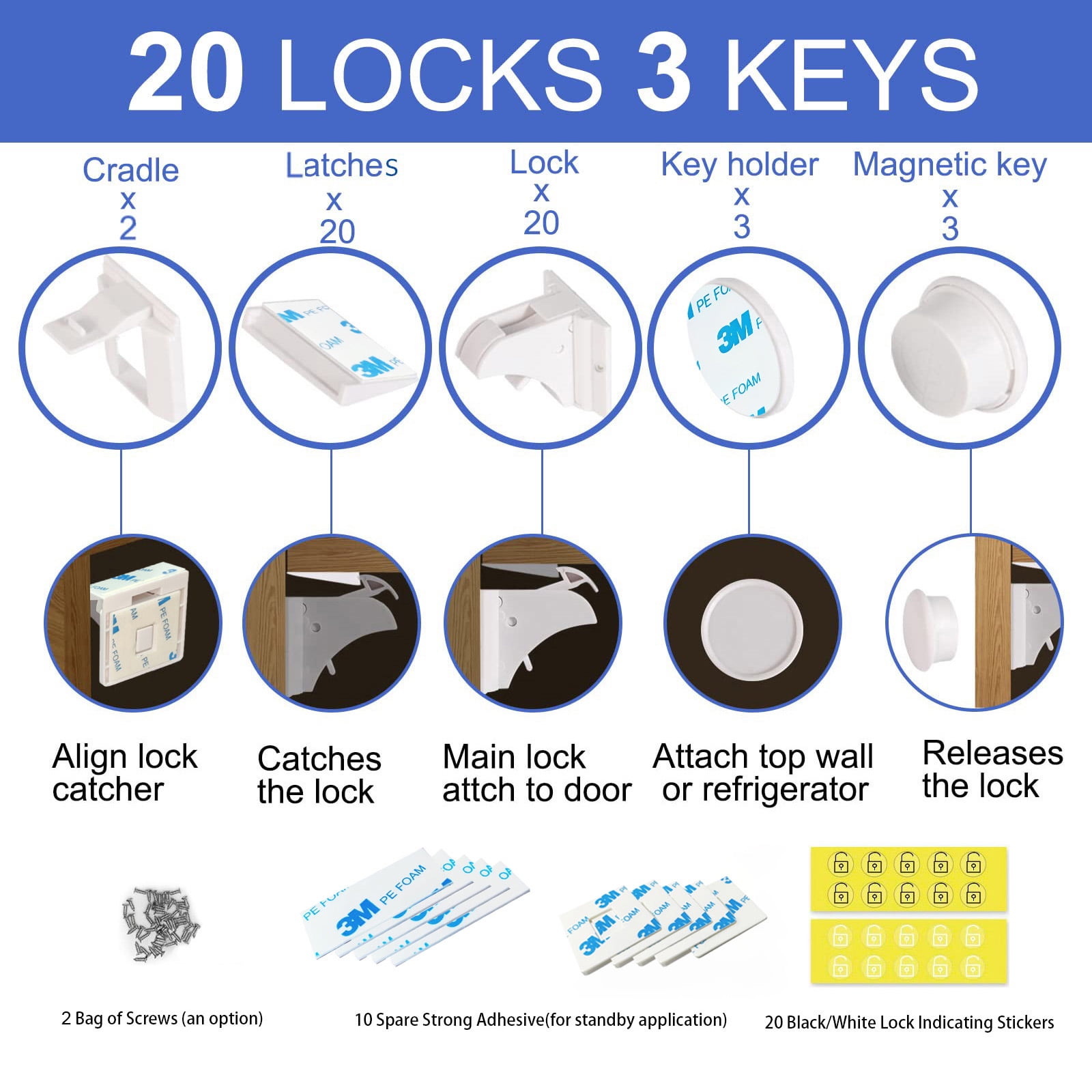 Magnetic Cabinet Locks Baby Proofing - 20 Locks & 3 Keys, No Drill Adhesive Safety Latches for Cabinets & Drawers, Child Proof Lock for Kitchen, Strong Magnet Key to Open, Easy Installation
