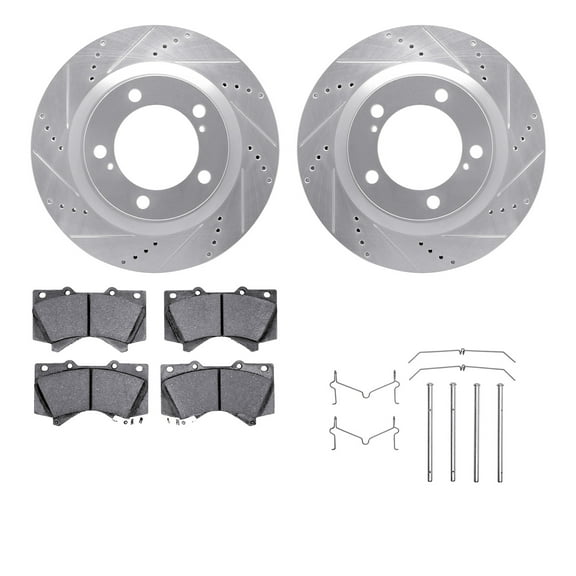 Dynamic Friction Company Front Brake Rotors-Drilled and Slotted-Silver with Ultimate Duty Performance Brake Pads includes Hardware 7412-76019