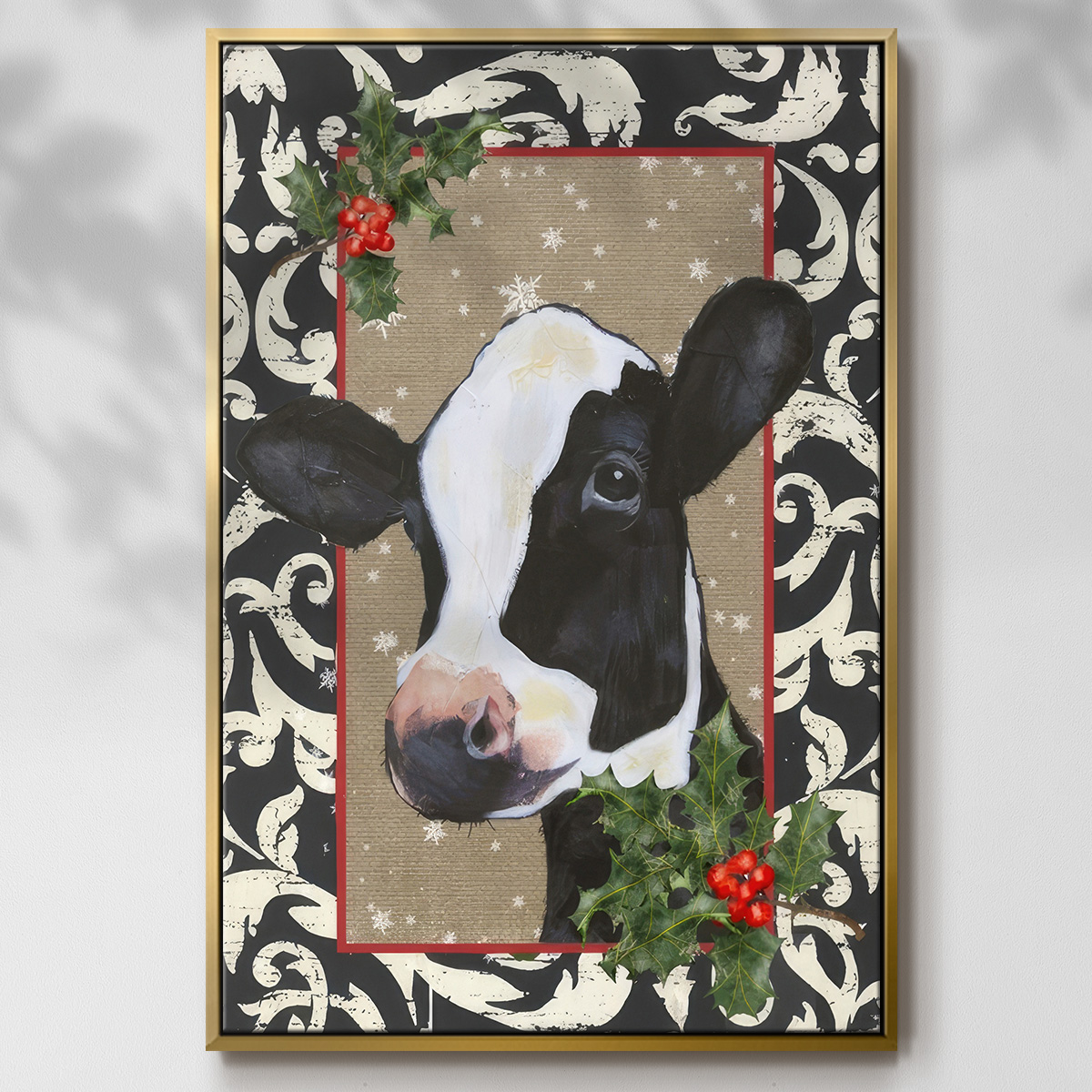 County Christmas Farm I - Framed Gallery Wrapped Holiday Canvas - 25 x 37 - Gold Frame