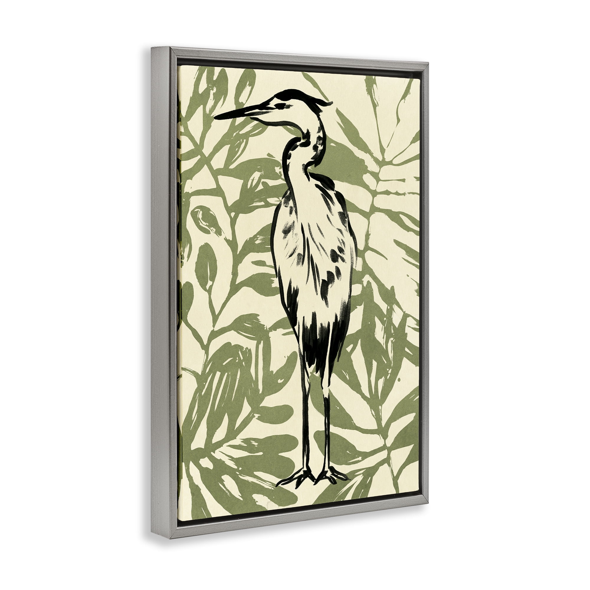 Stupell Industries Wild Heron & Leaves Animals & Insects Painting Gray Floater Framed Canvas Art Print Wall Art, 21 x 31