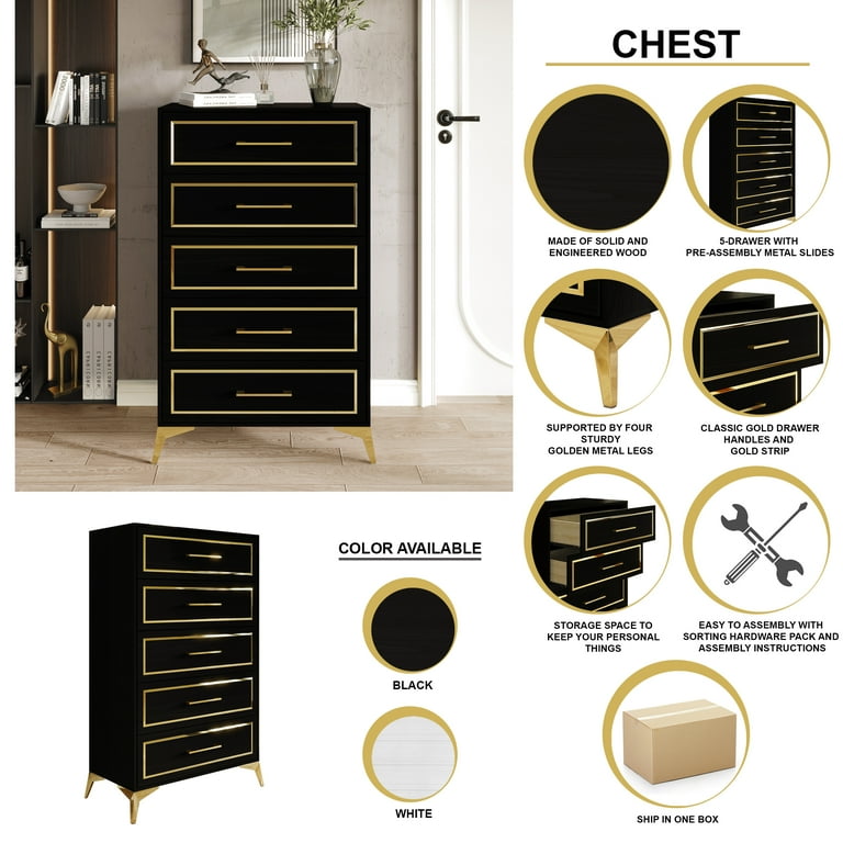 CASTLE PLACE Glam 5-Drawer Dresser Black Solid Wood with Gold Accents and  Diamond Legs - Walmart.com